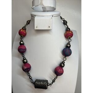 Vintage Pineda Covalin Necklace, silk beads large silver center Pendant 16"